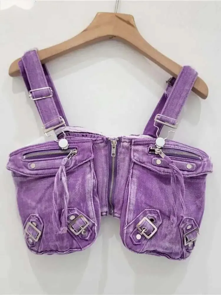 

Fashionable Y2k Pockets Denim Strapless Camisole Tops Sleeveless Purple Zipper Buckle Tank Sling Top Summer