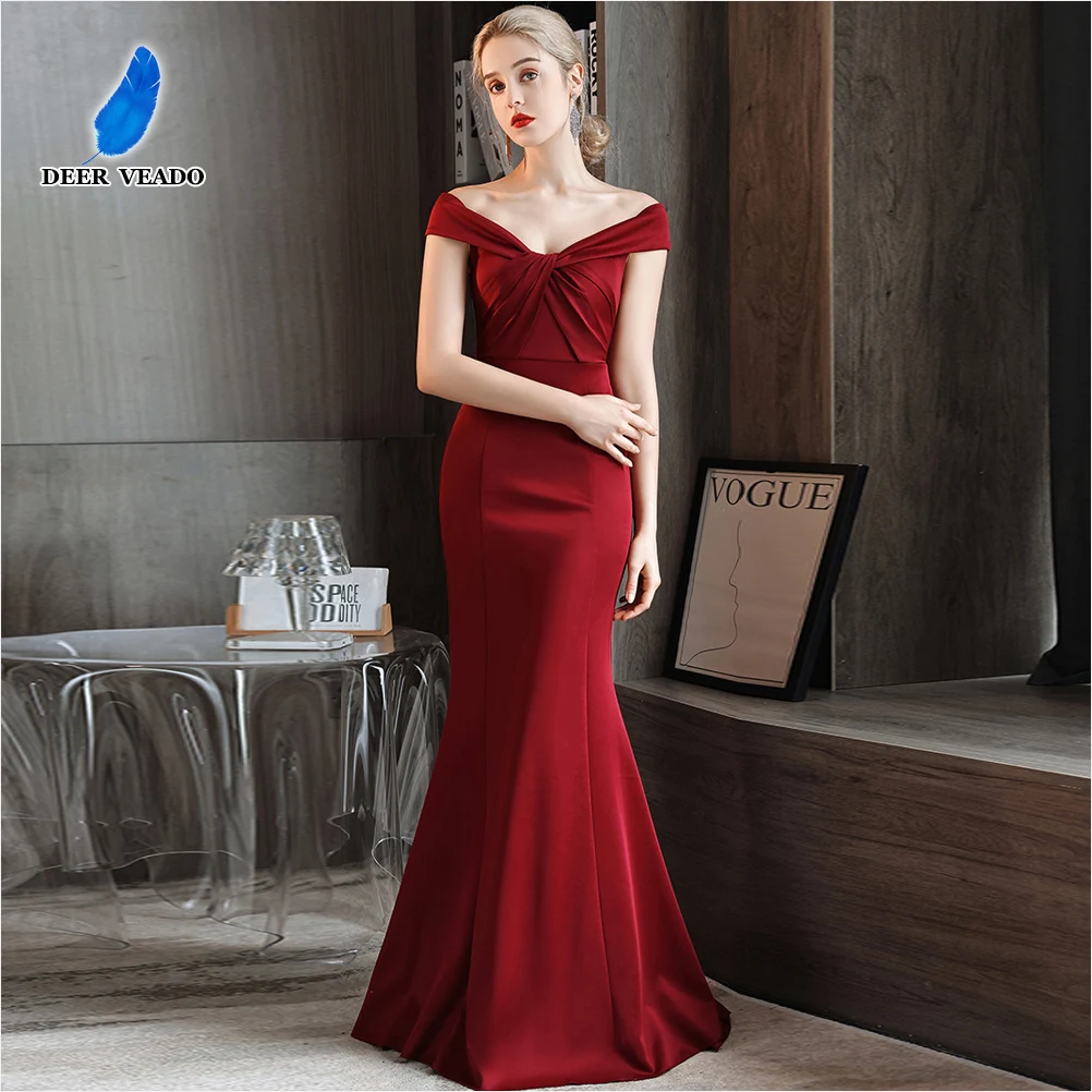 DEERVEADO Off Shoulder Soft Satin Mermaid Evening Dress with Train Wine Red Formal Party Dresses Women Sexy Long Prom Dress