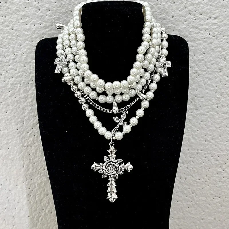 Fashion Personalized Design Multi-layer Imitation Pearl Cross Pendant Necklace Men and Women Elegant Delicate Collarbone Chain