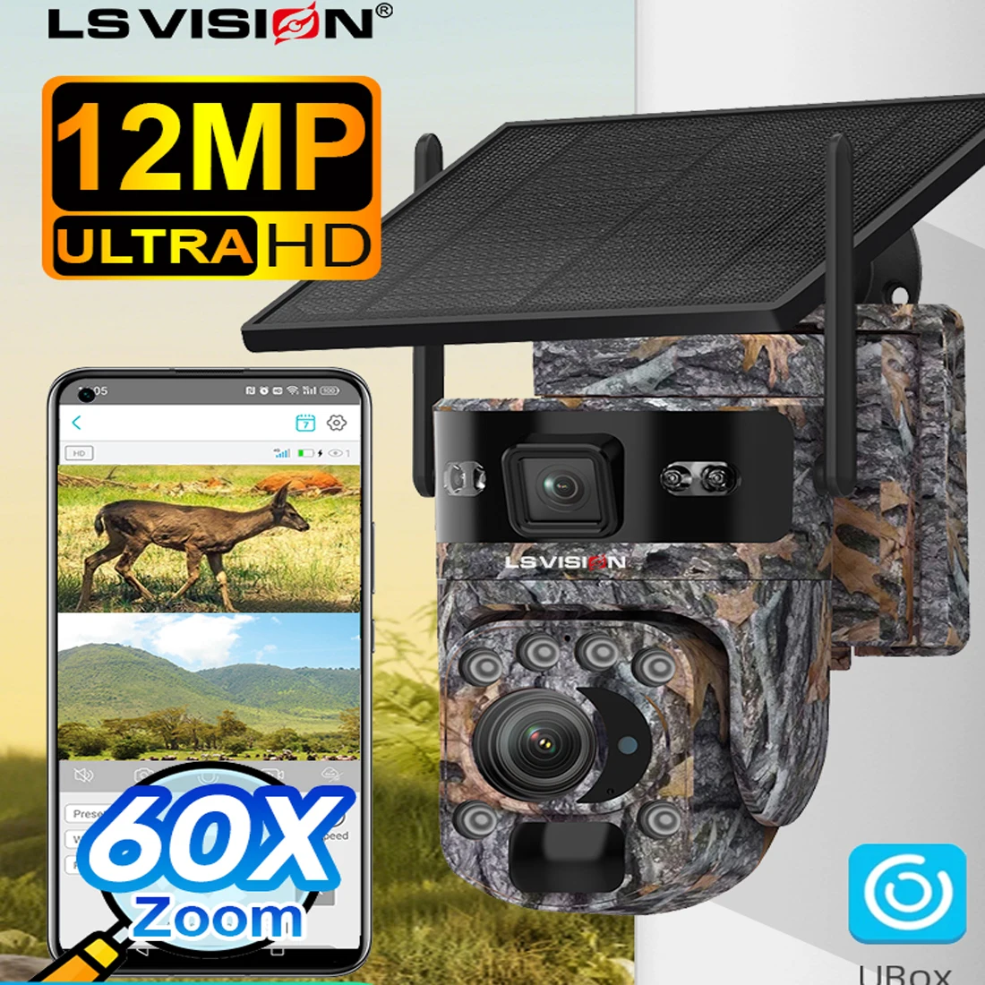 LS VISION-Dual Lens Solar Security Camera, WiFi or 4G Wireless, Auto Tracking Trail Camera, 60X Optical Zoom, Wildlife IR, 4K