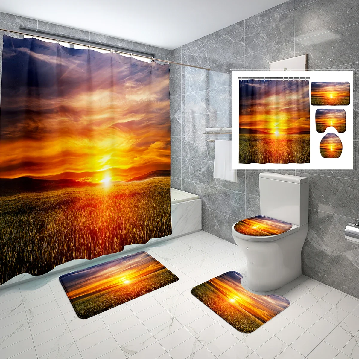 

4-х шт., набор занавесок для душа с закатом, природа, закат лета, пшеничный Fiel, нескользящий коврик для ванной, крышка для унитаза, водонепроницаемый набор занавесок для душа