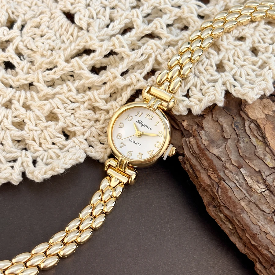 Vintage Round Dial Gold Rice Grain Strap Fashion Watch for Women
