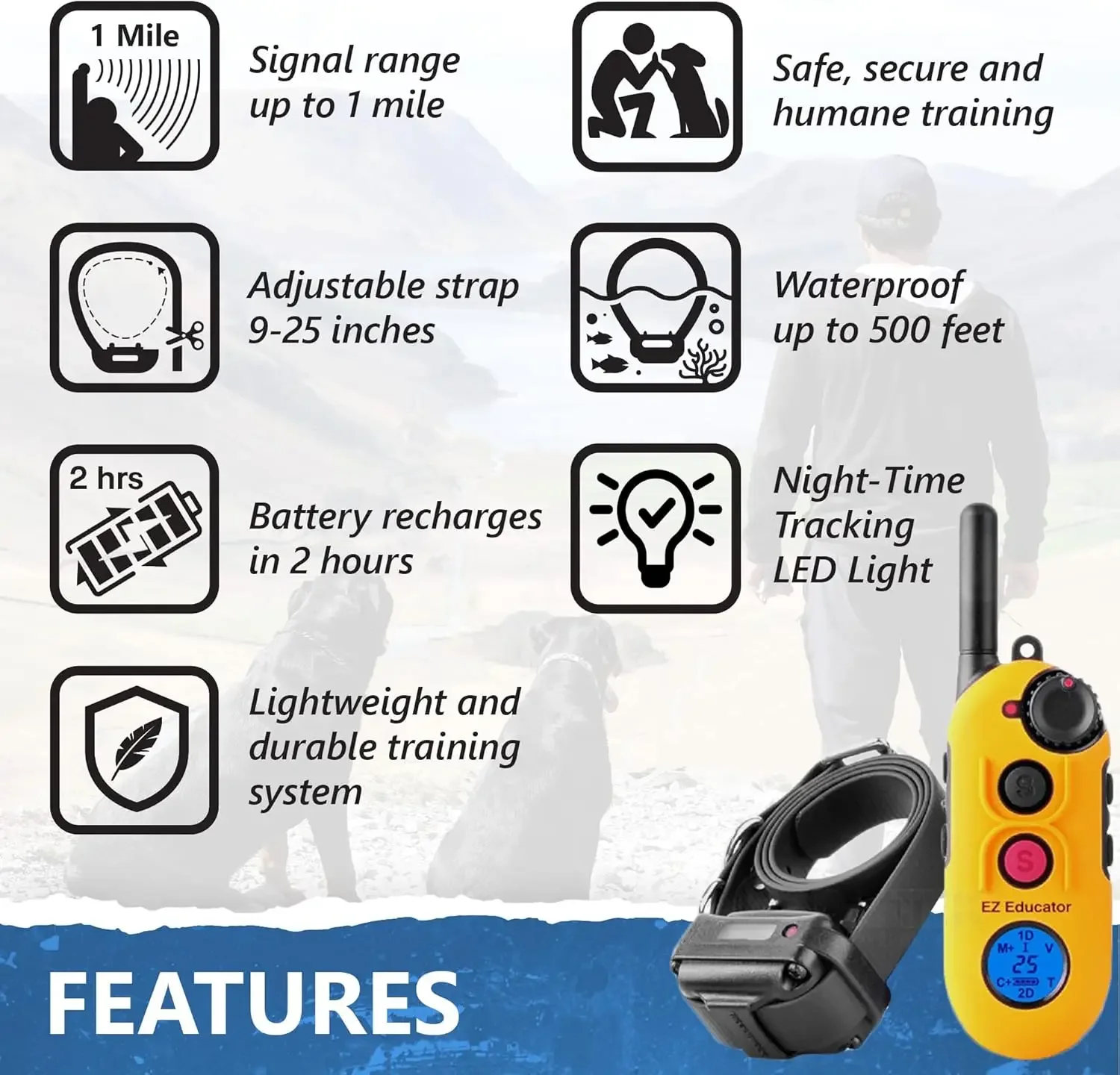 EZ-900-1/2 Mile Entrenador de perros a prueba de agua remoto: Collar estático, de estimulación de vibración y sonido con PetsTEK Do