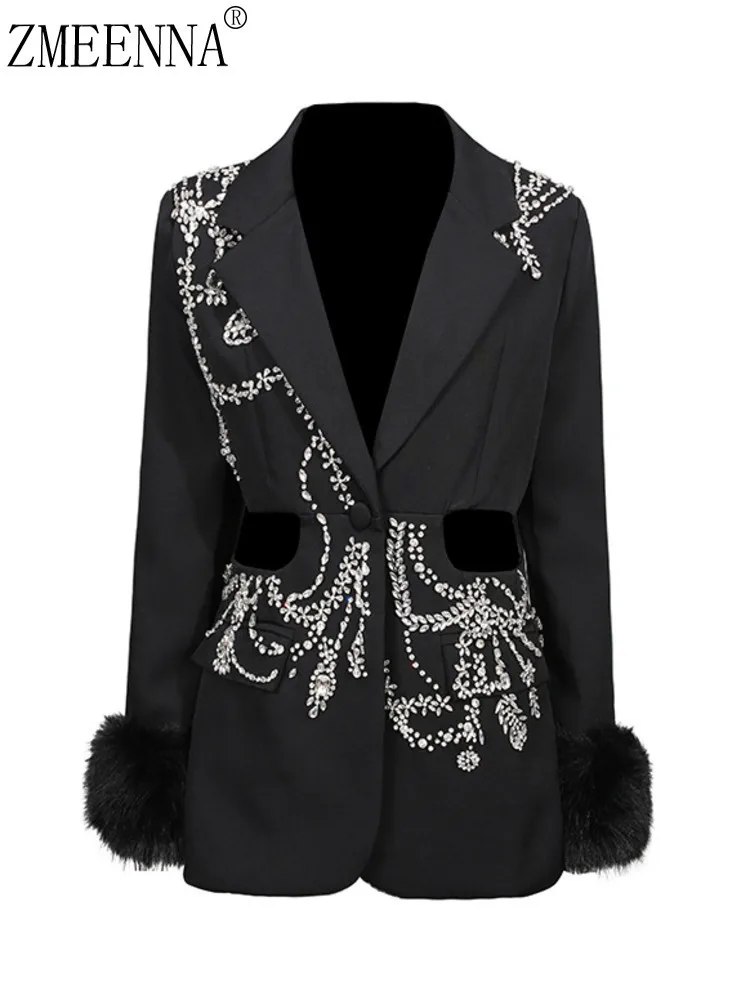 

ZMEENNA Womens Black Blazer Jacket Crystal Embellished Long Sleeve Fluffy Faux Fur Cuff Evening Party Outerwear ZM4582