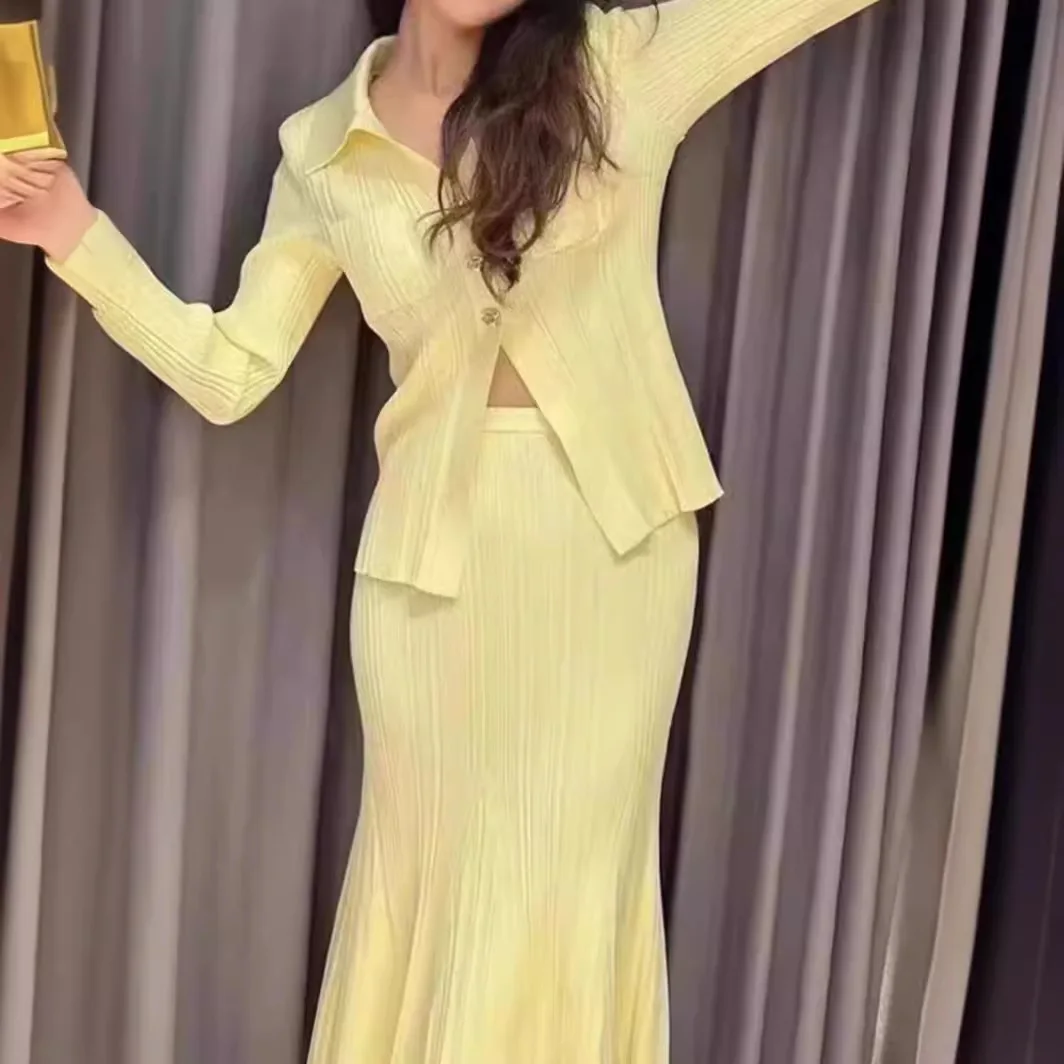 

2024 Early Spring New Cream Yellow Elastic Flip Collar Metal Buckle Knitted Top Skirt Set