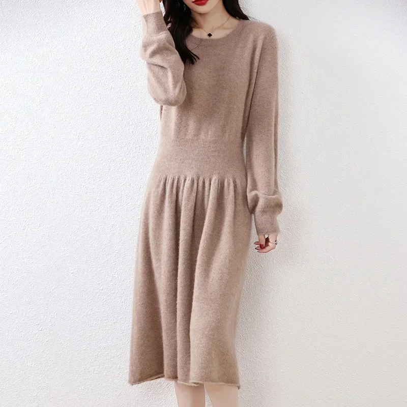 

Hot Sale 100% Merino Wool Knitted Sweater Dress for Women Winter/ Autumn O-Neck Female Dresses Long Style Pullover Girl Clothes