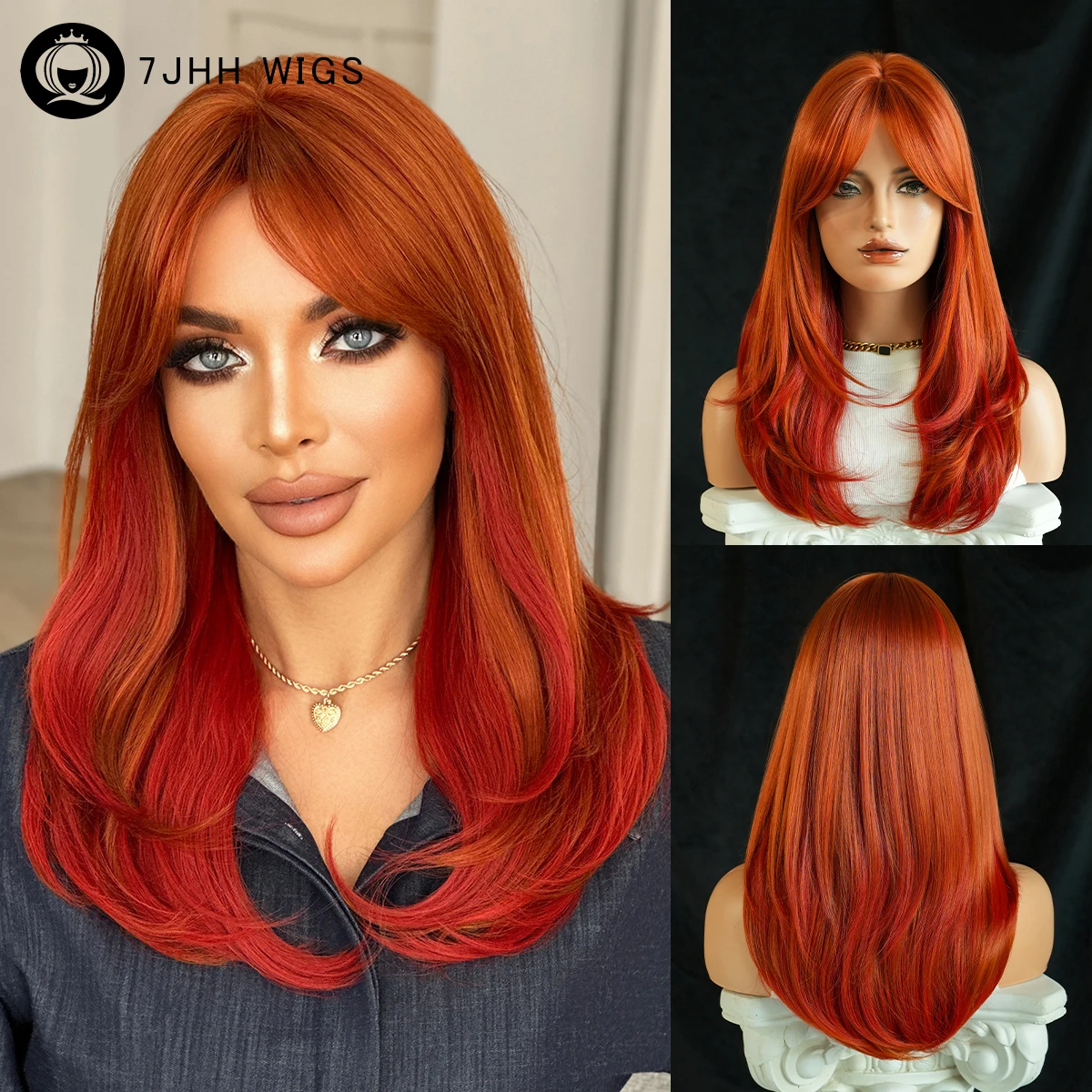 7JHH WIGS Long Straight Orange Wig for Women Modest Fashion Synthetic Middle Part Wear and Go Copper Wigs with Curtain Bangs