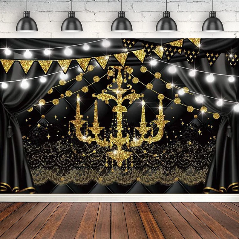 Golden Chandelier Photography Backdrop Black Boudoir Headboard Background Masquerade Party Decorations Gold Supplies Banner