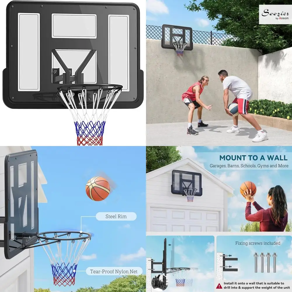 Cesta de basquete montada na parede de 43" reforçada e resistente a estilhaços para todos os climas ao ar livre com kit combinado de rede durável
