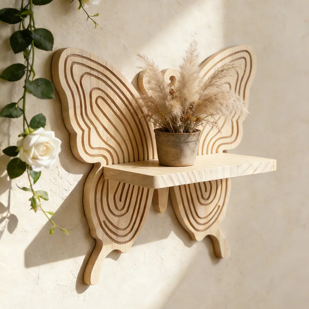 Butterfly Shaped Wooden Wall Shelf Boho Wall Mounted Storage Rack Plant Flower Pot Holder Bedroom Living Room Home Wall Decor