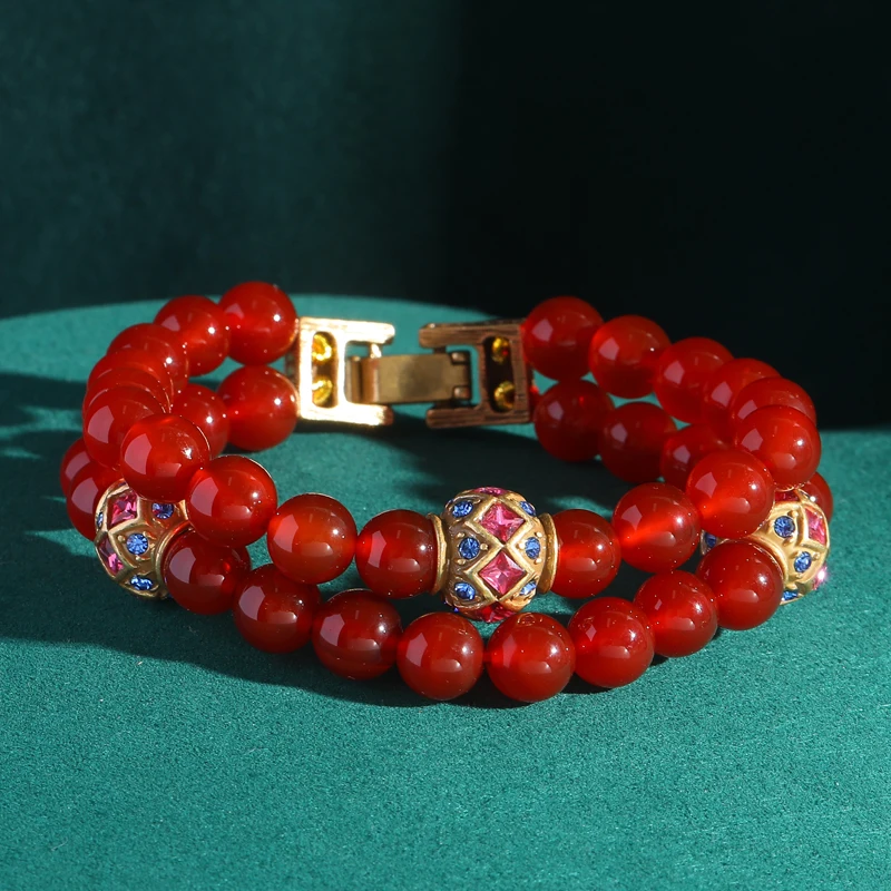 

Vintage Layered Red Agate Beaded Bracelets For Women Gold Color Rhinestones Ball Luxury Jewelry Designers Summer Accessories New