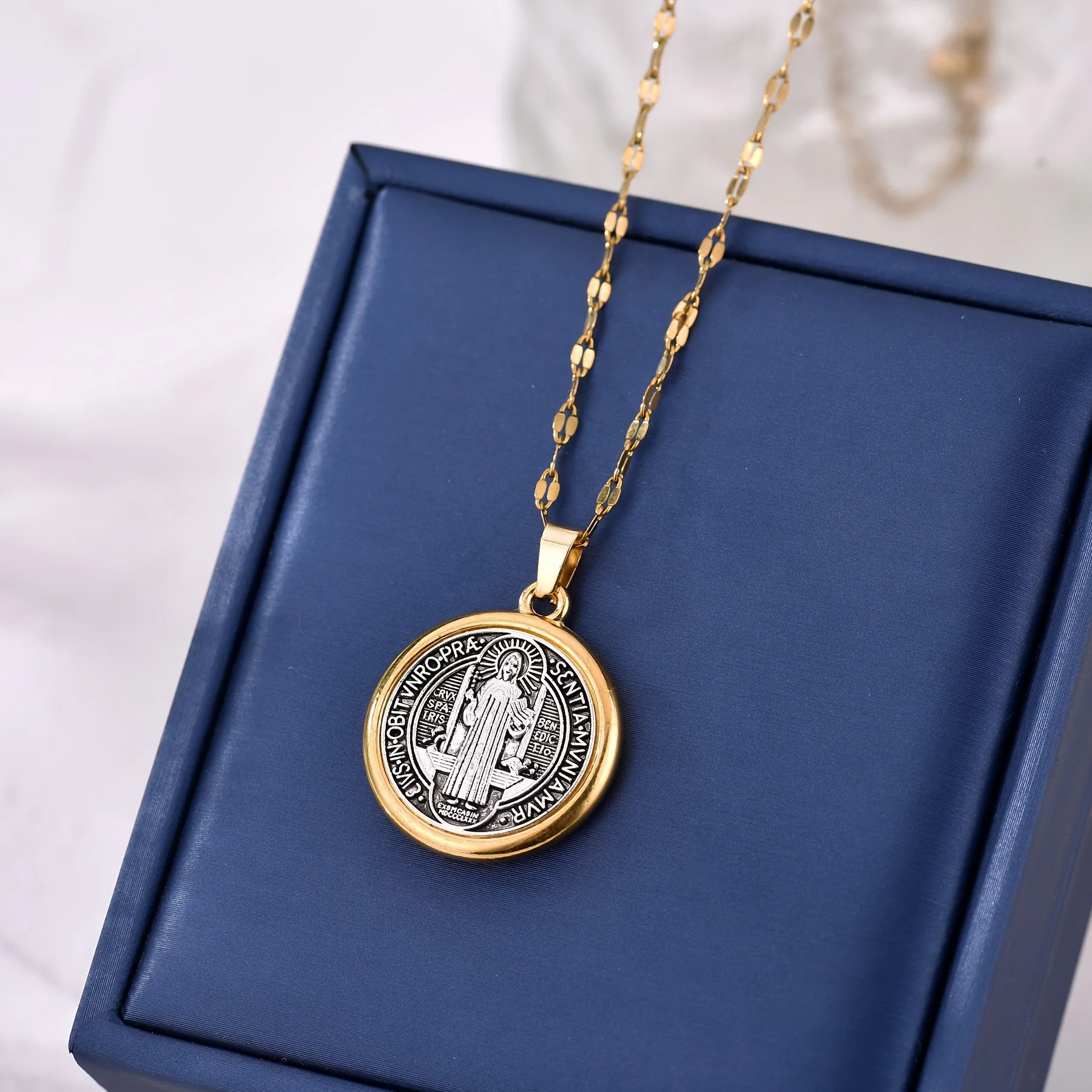 

Stainless Steel St. Benedict Necklace with Zinc Alloy Pendant, Perfect Religious Gift for Women, Year-Round Everyday Accessory,