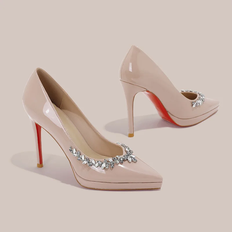 

Waterproof platform rhinestone high heels for women, new pointed patent leather slim heels, sexy and beautiful single shoes