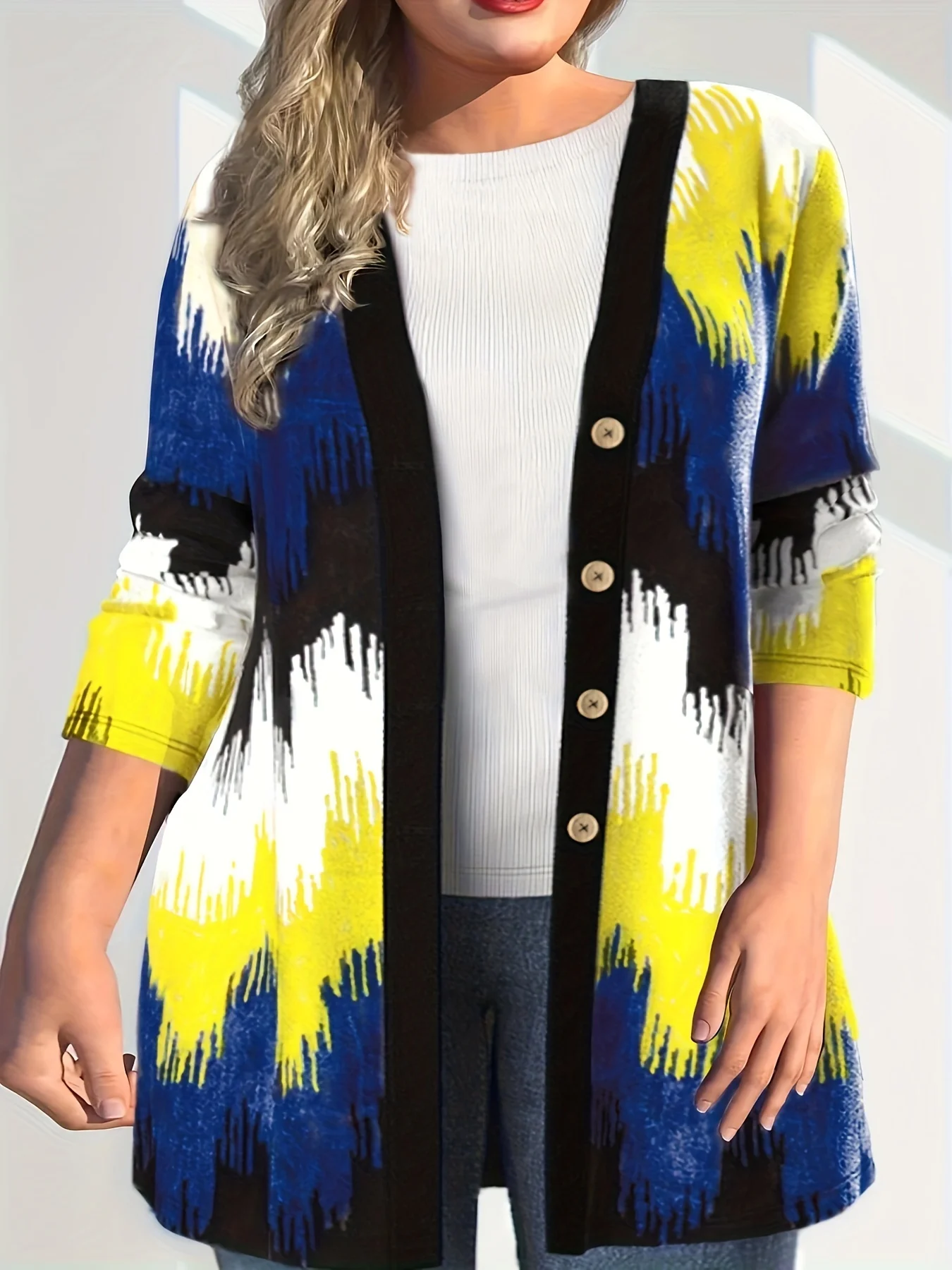 

Женская повседневная куртка больших размеров, женский открытый кардиган больших размеров с цветными блоками и геометрическим принтом, длинными рукавами и пуговицами