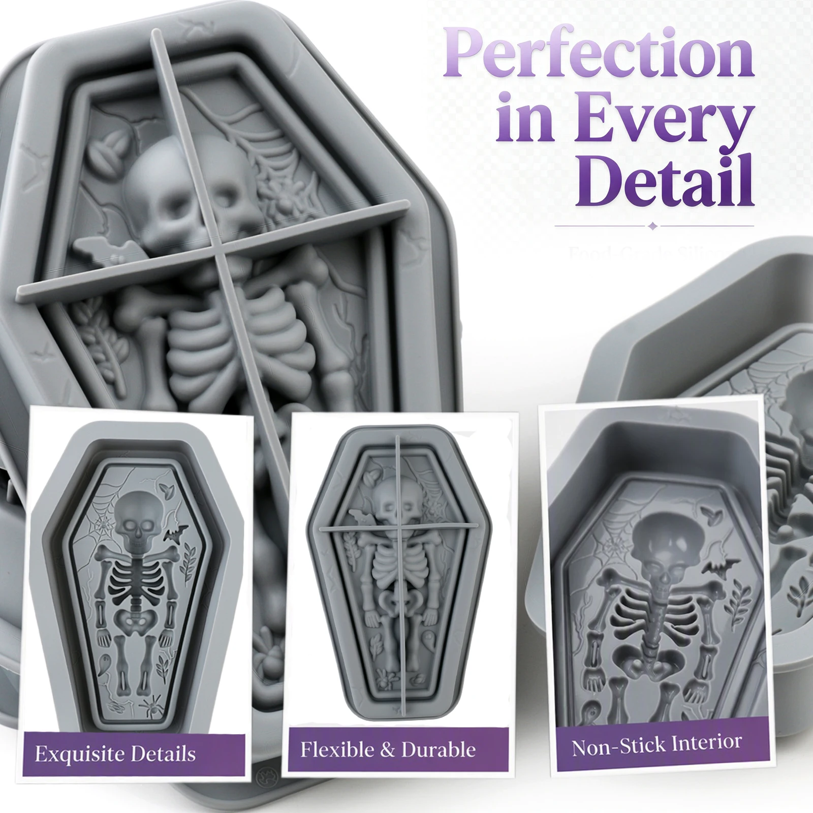 2Pack Halloween Coffin Skull Skeleton Silicone Baking Mold, Gothic Spooky Halloween Mold for Mousse Cake Chocolate Jelly Pudding