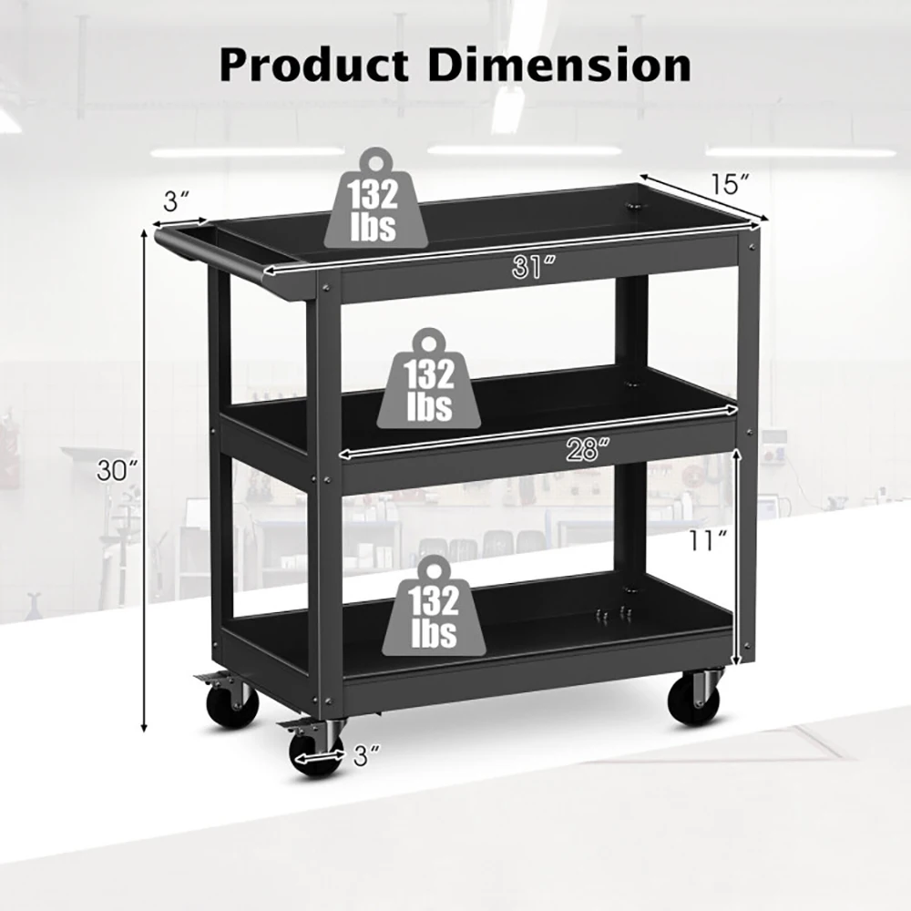 Carrinho utilitário de metal de 3 camadas com design de armazenamento espaçoso de alta qualidade, ferramenta com alça plana e 2 rodas universais com fechadura