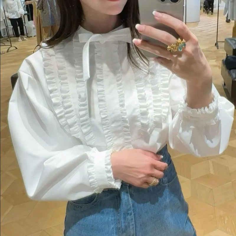 Fungus Bow Blusas Mujer Elegant Lantern Sleeve Shirts & Blouses Fashion Camisas 2025 Spring Women Clothing Japan Styleropa