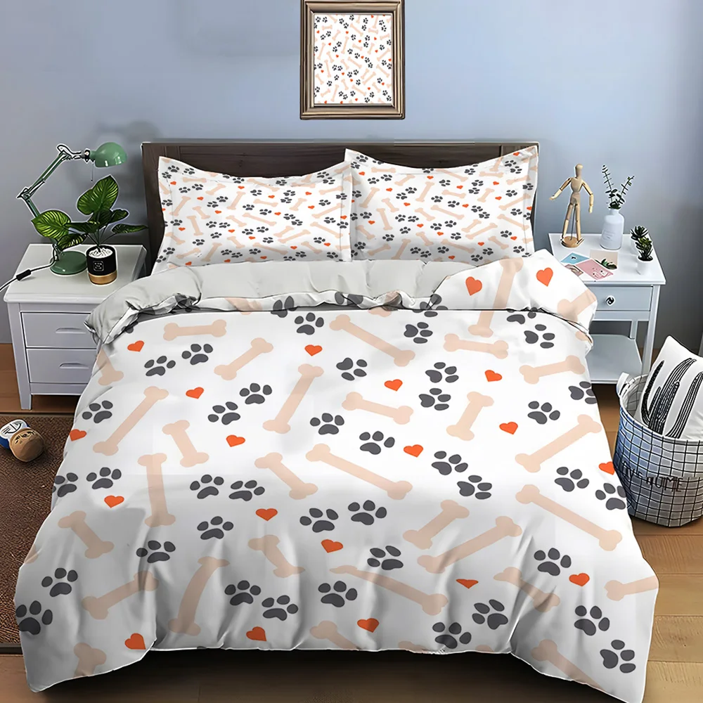 Dog paws bones heart cartoon pattern Bedding Set 1 Duvet Cover 2 Pillowcases for Adult and Children Luxury Gift Full Size