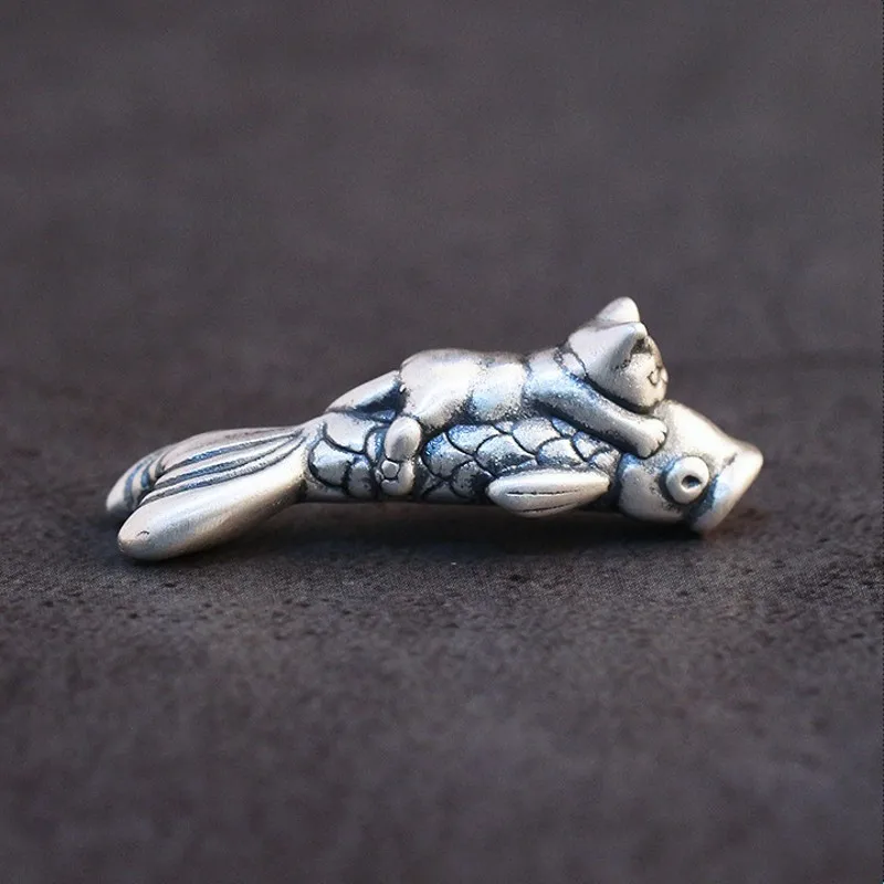 BOCAI S999 Silver 3D Hard Silver Accessories DIY Braided Rope Beads Leather Rope Necklace Accessories Small Cat Hug Fish Bending