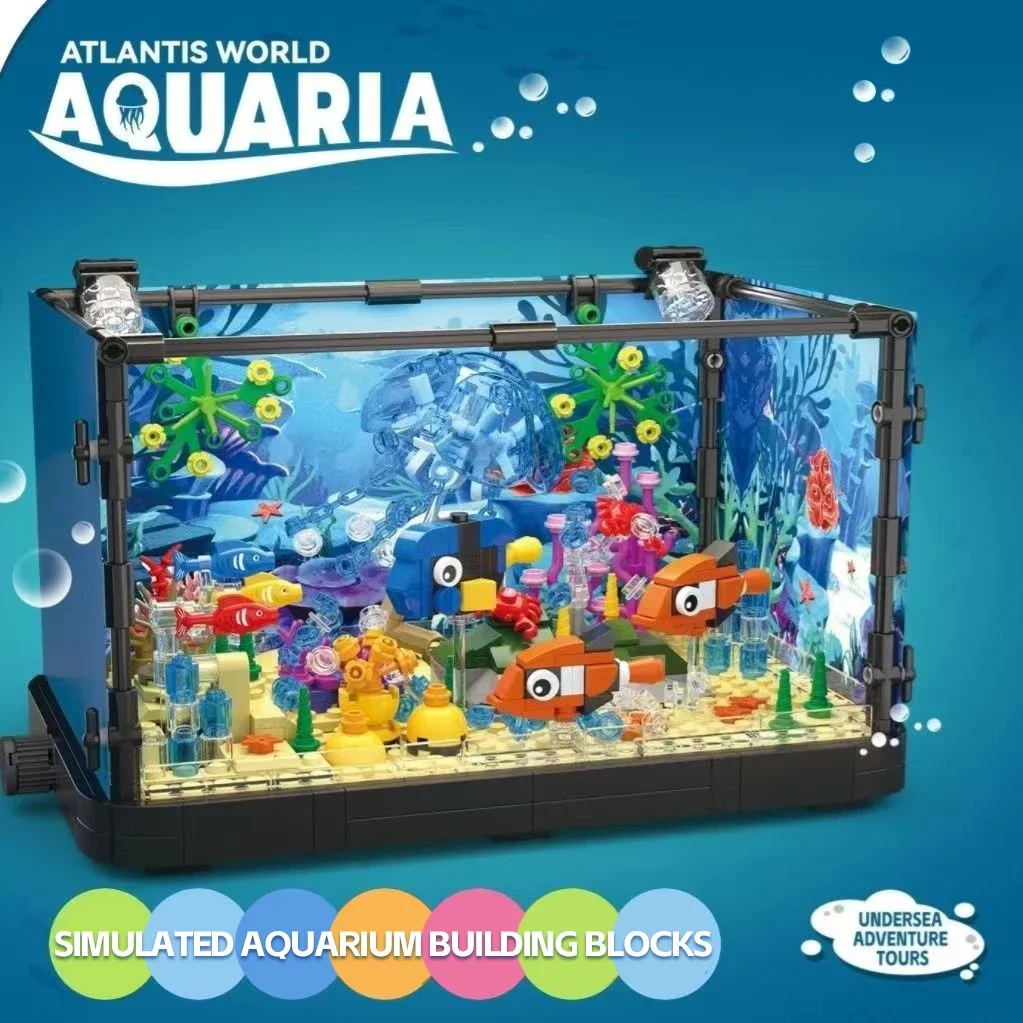 Fish Tank Building Block Lighting Aquarium Compatible Sets for Adults and Kids Ocean Jellyfish Turtle Animal Building Toys