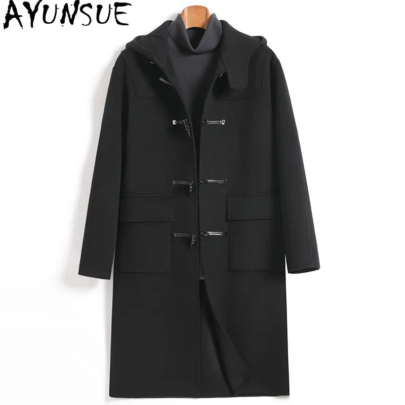 

AYUNSUE Fashion 100% Wool Coats for Man Hooded Winter Mid-length Double-sided Woolen Jacket Men Clothing Casual Coat Jackets
