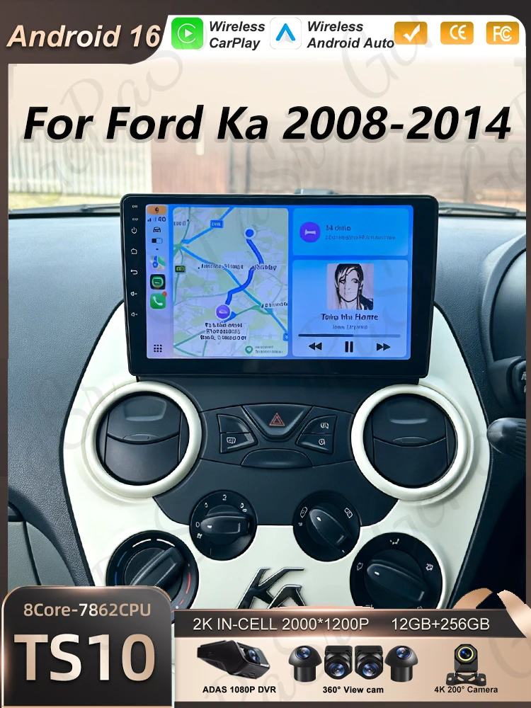 Android 16 Auto autoradio voor Ford Ka 2008 2009 2010 2011 2012 2013 2014 Carplay multimediaspeler stereo GPS head unit DSP BT - afbeelding 2