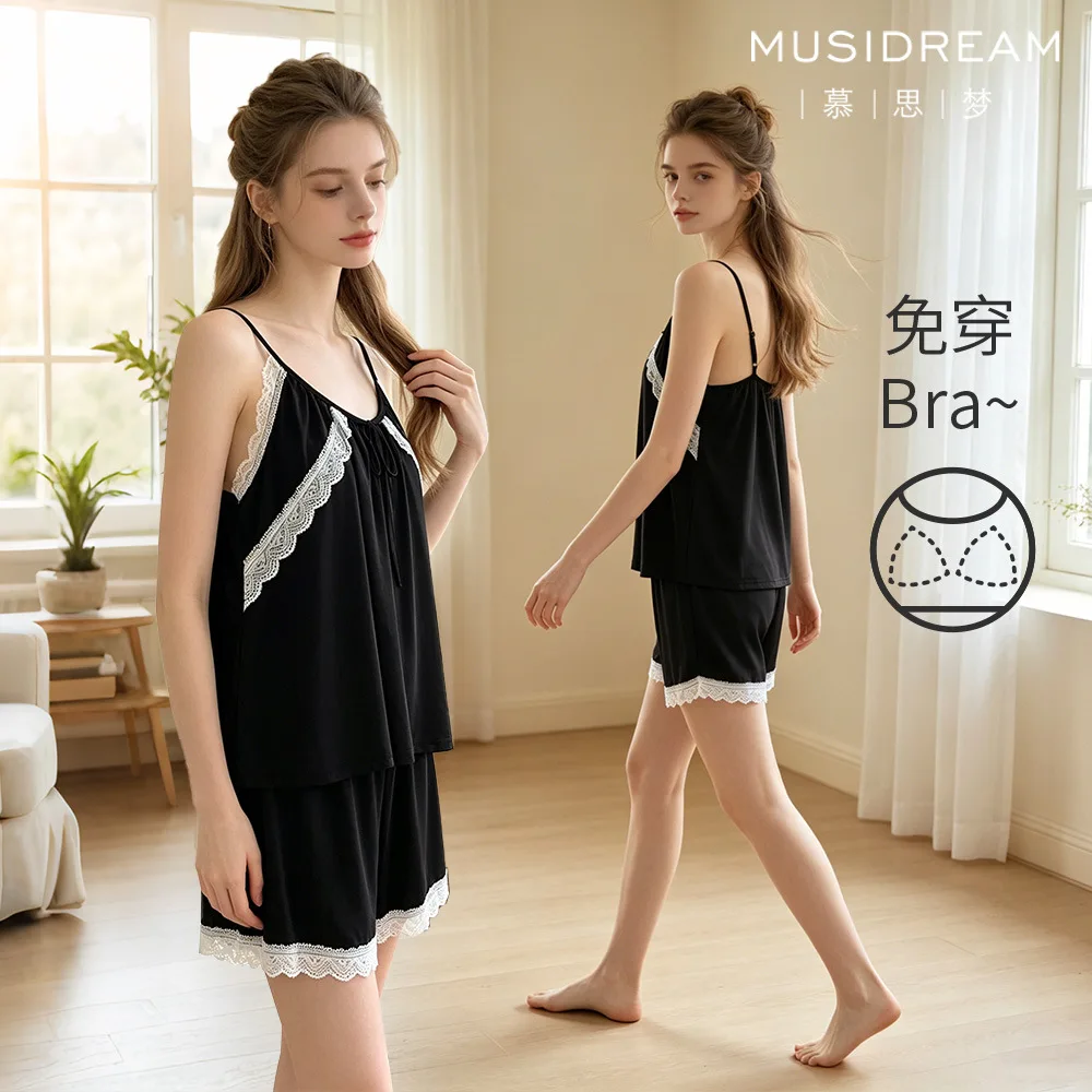 Super Soft Cold Silk Women's Loungewear with Built-in Chest Pad, Summer Light Pajamas and Lace Suspender Shorts for Outdoor Wear