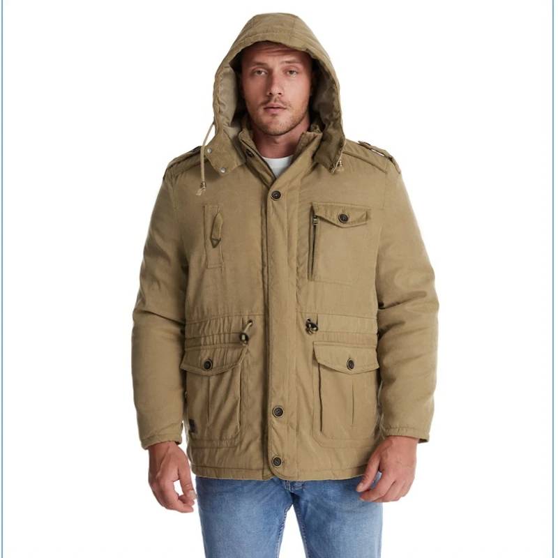 

Men's Jacket Winter Fleece Jckets Hooded Cotton Thickened Multi Pocket Casual Mid Length Coat Winter Jacket Men Korean Fashion