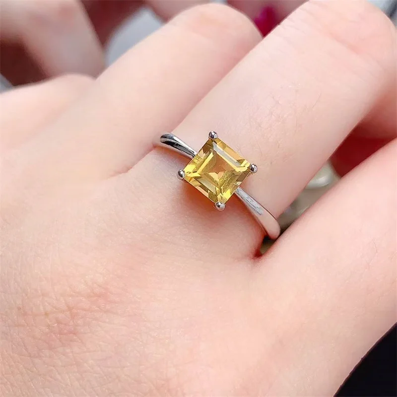 S925 Sterling Silver Natural Square Citrine Ring for Women Yellow Gold  with Certificate Birthday Gift Engagement Anniversary