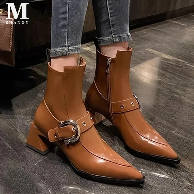 Pointed Toe Women Snow Ankle Boots Mid Heels Fad Shoes Leather Sexy Chelsea Boots 2024 Trend Winter Designer Pumps Botas Mujer