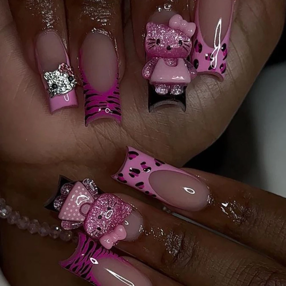 Pittig Meisje Y 2K Sanriod Hello Kitty Press Op Nagels Kunst Eendenbek Vierkant Roze Luipaard Zebra Print Aanpasbare Nagels Party Sticker