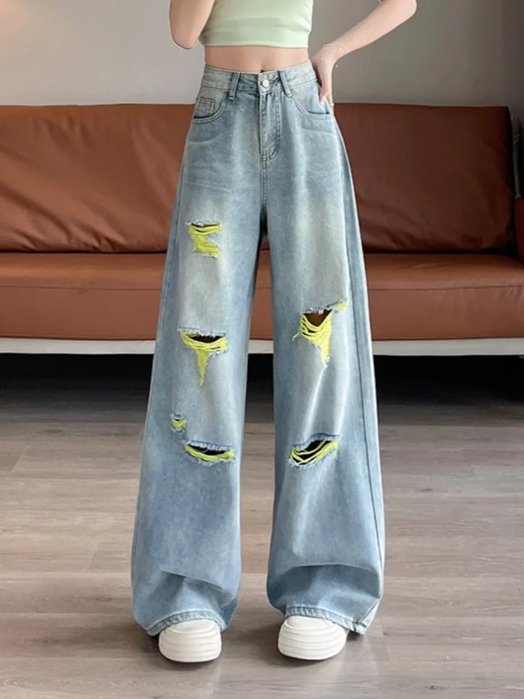 

Colorful Distressed Design Casual Jeans For Women's Summer High Waist Loose Slimming Versatile Straight Wide Leg Pants