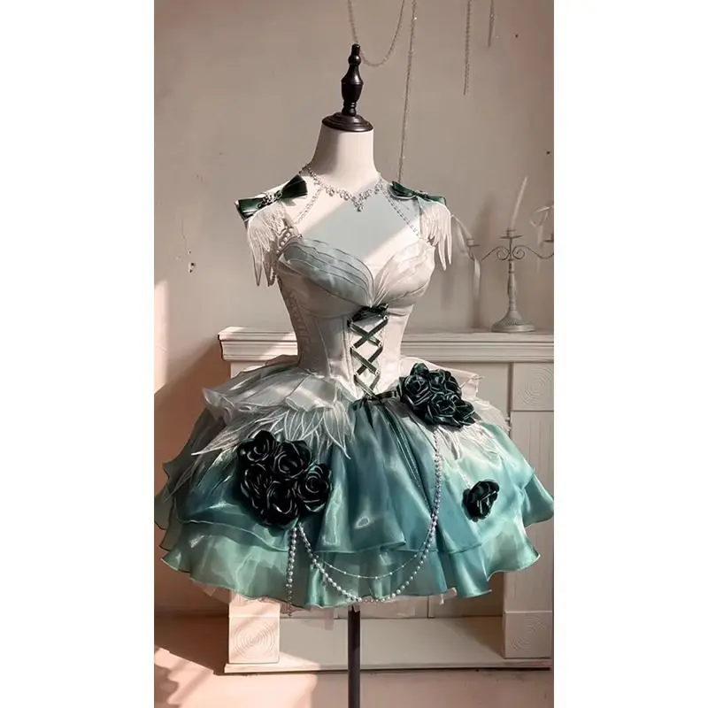 

Japan Elegant Noble Amber Green Short Jsk Dress Flower Wedding Birthday Dress Heavy Industry Trailing Princess Skirt Lolita