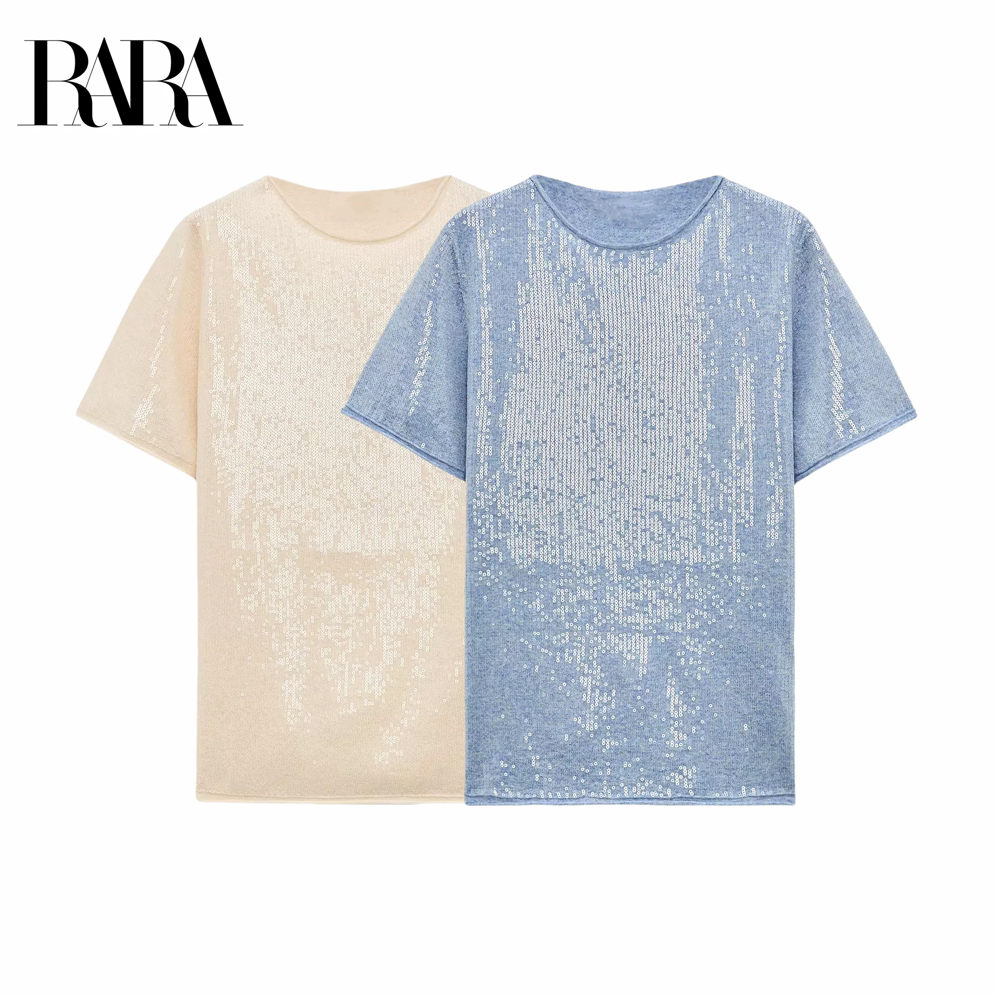 RARA 2025 Women's Short Sleeve Crew Neck T - shirt with Sequin Detailing for a Sparkling and Trendy Look