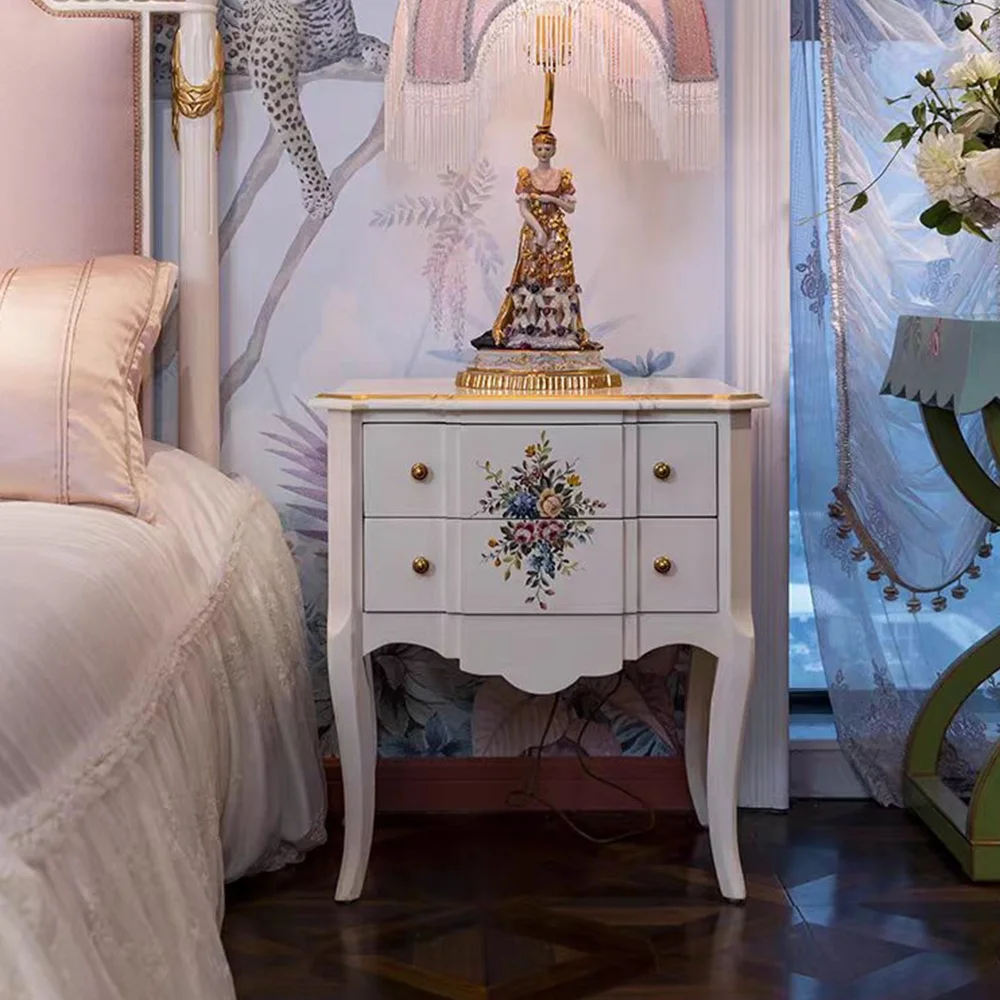 ^French Provincial Hand Painted Floral Solid Wood Nightstand  Bedroom Furniture Storage Side Table for Villa Home Hotel Furnitur