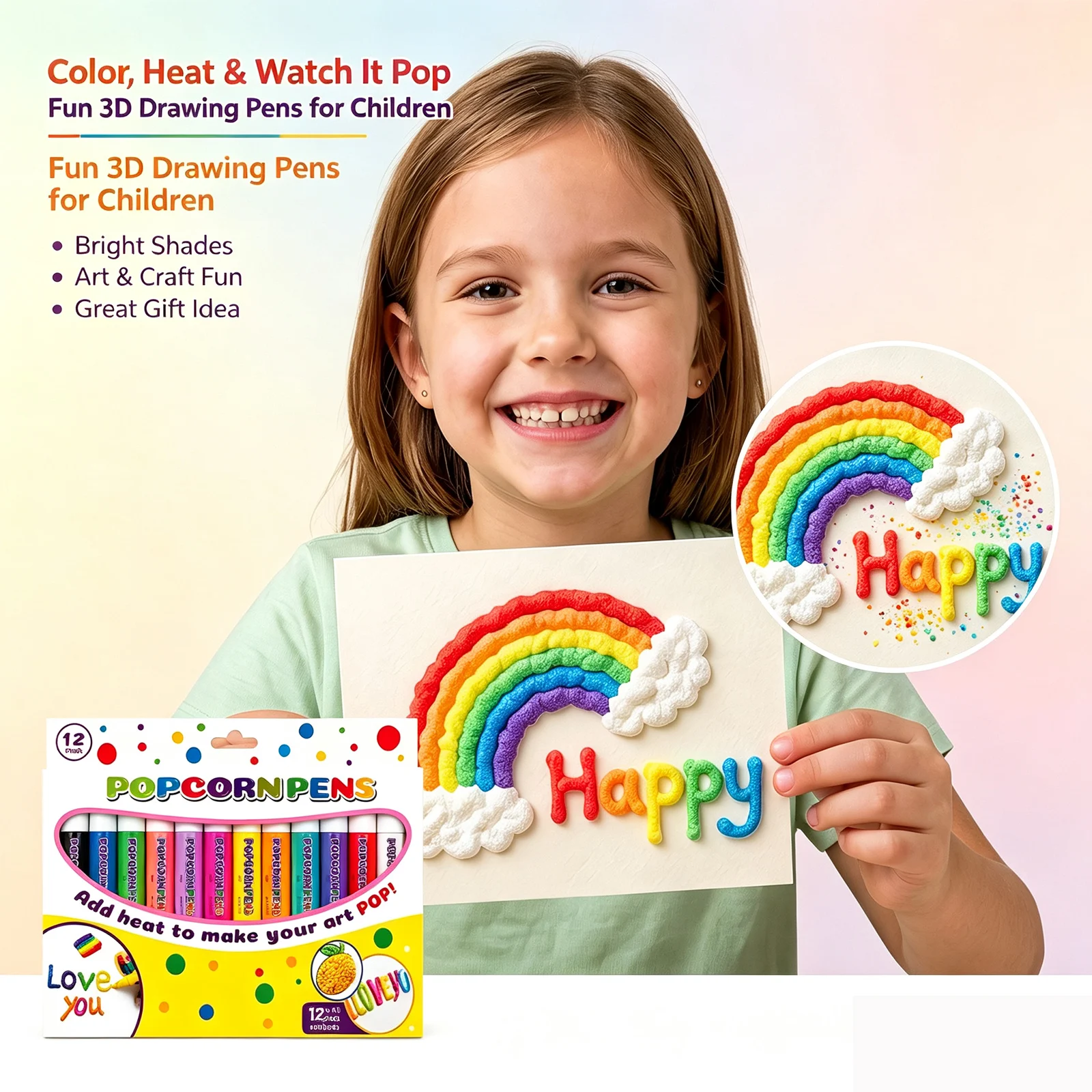 12-Color DIY 3D Bubble Popcorn Painting Pen Magic Bubble Pen Art Pen Children's Painting Waterproof Fade Resistant Layerable
