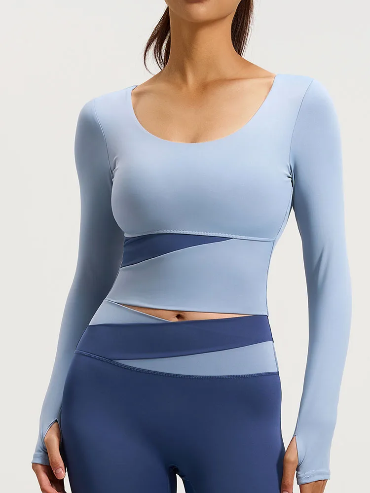 Women Long Sleeve Workout Top Quick-Dry Crop Yoga T Shirt With Fixed Bra Pads Thumb Hole Fitness Athletic Top