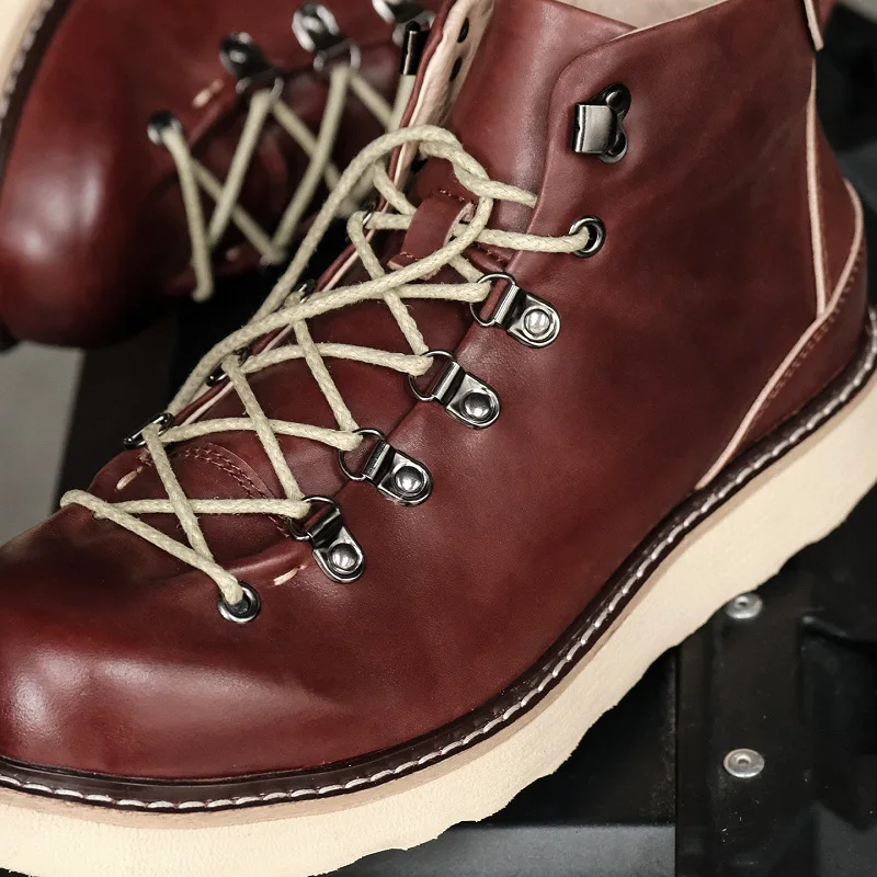 أحذية عمل عتيقة من YETTIES Amekaji، أحذية قتالية من الجلد مقاومة للماء لمنتصف الساق، أحذية المشي لمسافات طويلة بنعل مكتنز للرجال #6