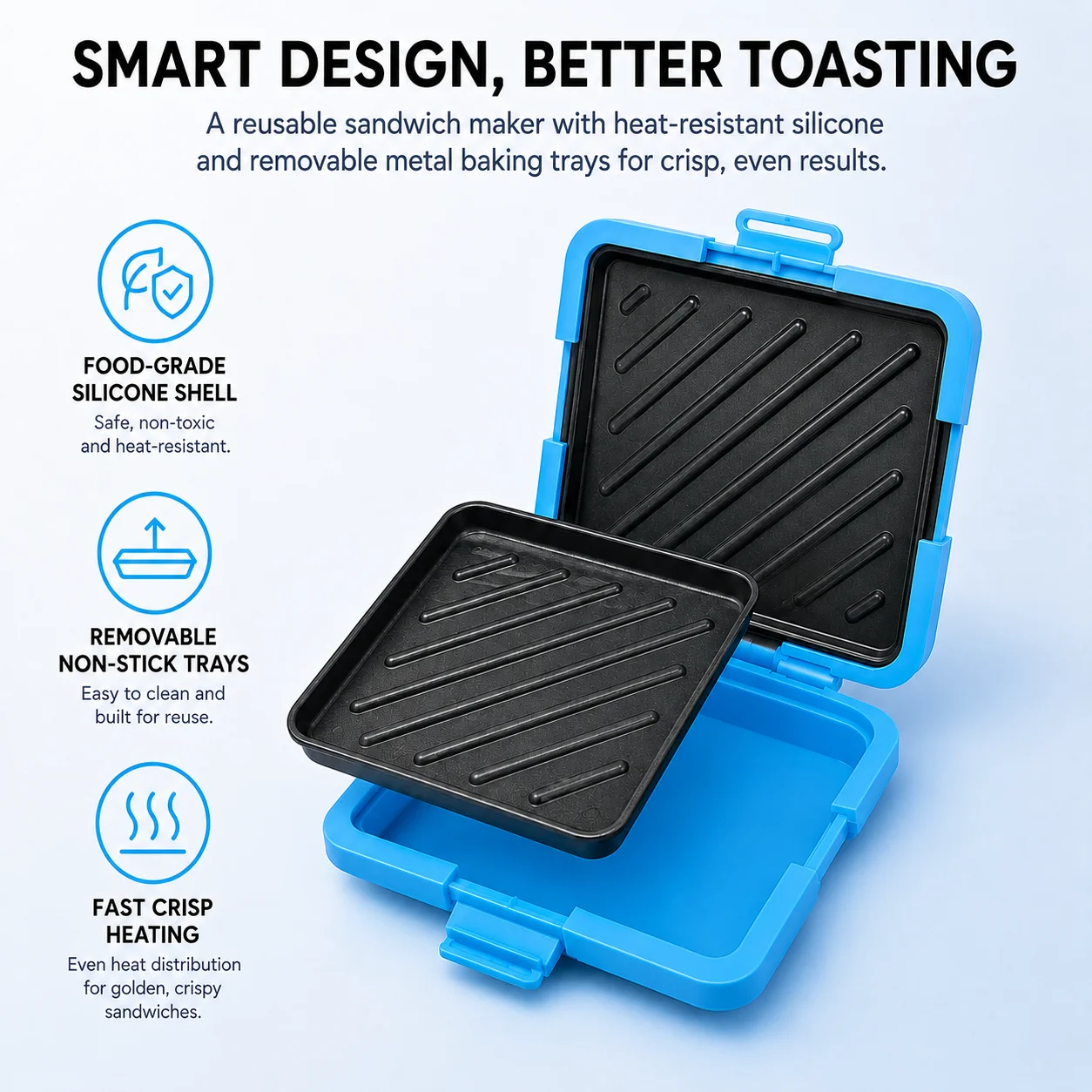 Silicone Microwave Sandwich Maker Non Stick Grill Pan Baking Tray For Breakfast Bacon Sausage Food Grade Heat Resistant Blue