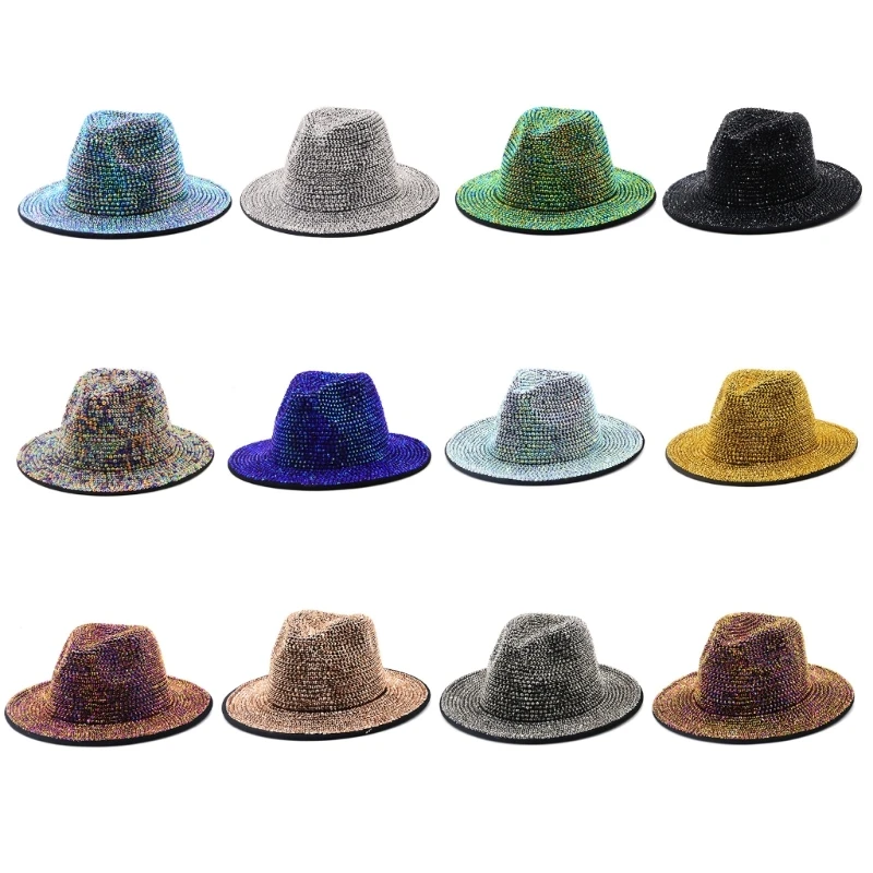 

Men Woman Colorful Bling Bucket Hat Simple Wide Brim Felt Panama Adjustable Singer Dancer Show Hats N58F