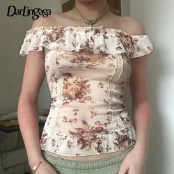 Darlingaga Vintage Flowers Printed Mesh Top Off Shoulder Lace Trim Ruffles Y2K Aesthetic See Through Cropped Tee Shirt Hotsweet