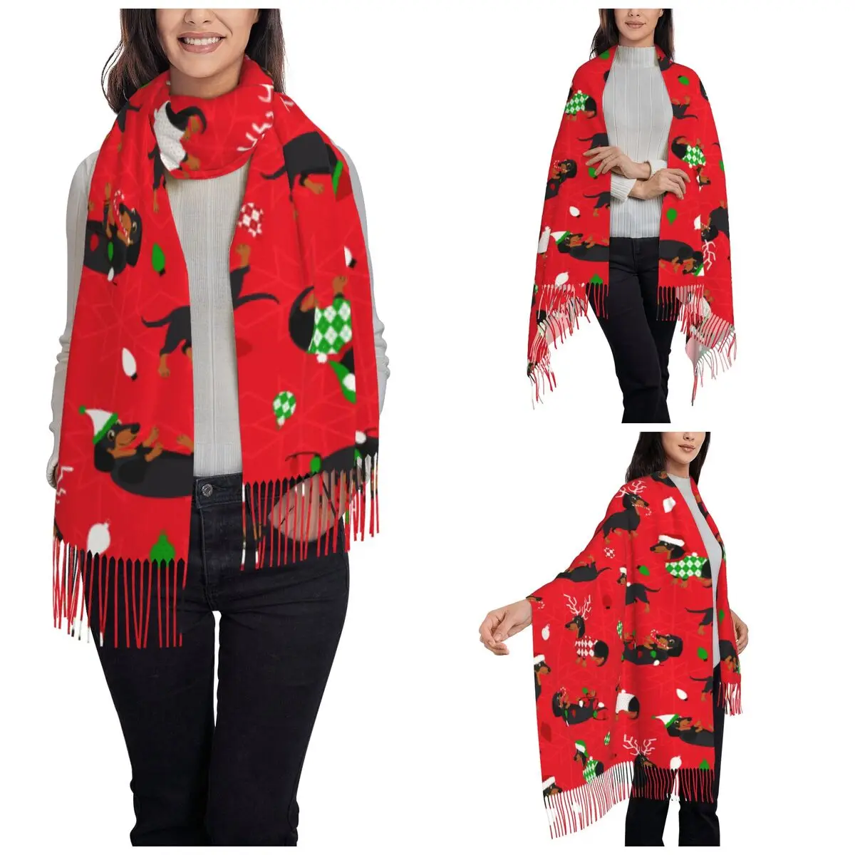 Christmas Dachshunds Red Shawl Wraps for Women Warm Large Long Scarf Dog Pashminas Shawl Scarves