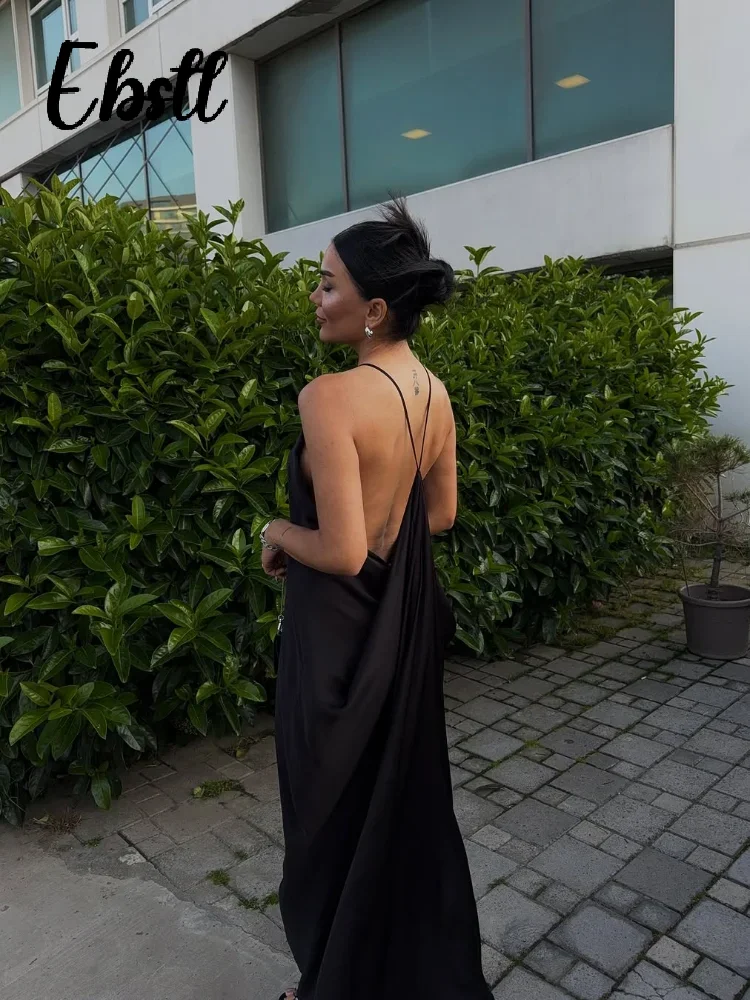 Elegante Satin-Neckholder-Partykleider für Damen, einfarbig, O-Ausschnitt, rückenfrei, ärmellos, lange Roben, 2025, Herbst, neues Damen-Club-loses Kleid