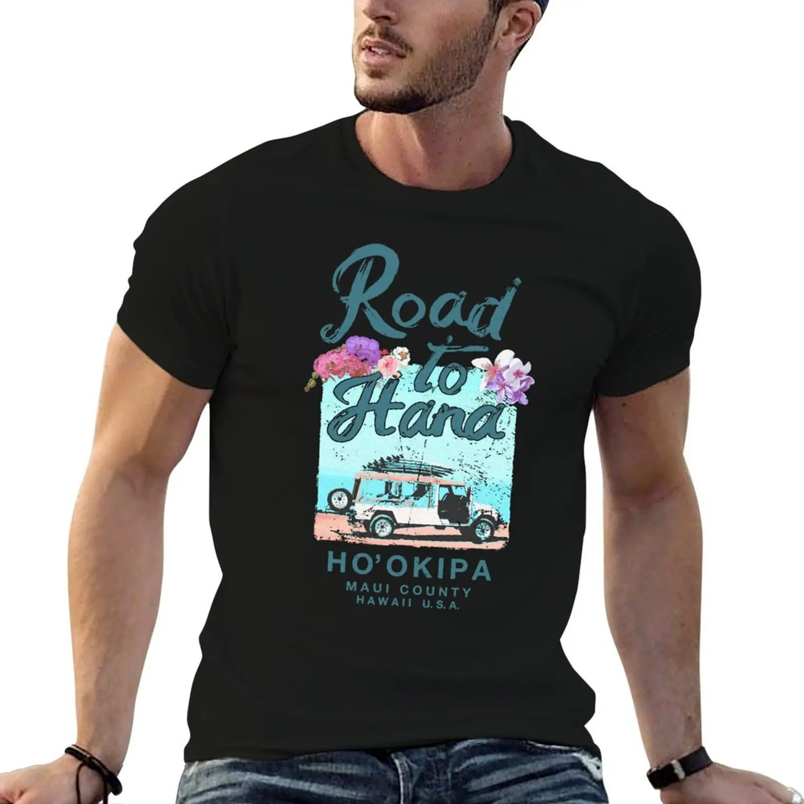 Vintage Road to plain T-Shirt man t-shirt Hawaiian Maui cotton man for cotton shirt Hawaii Hana t package black Floral