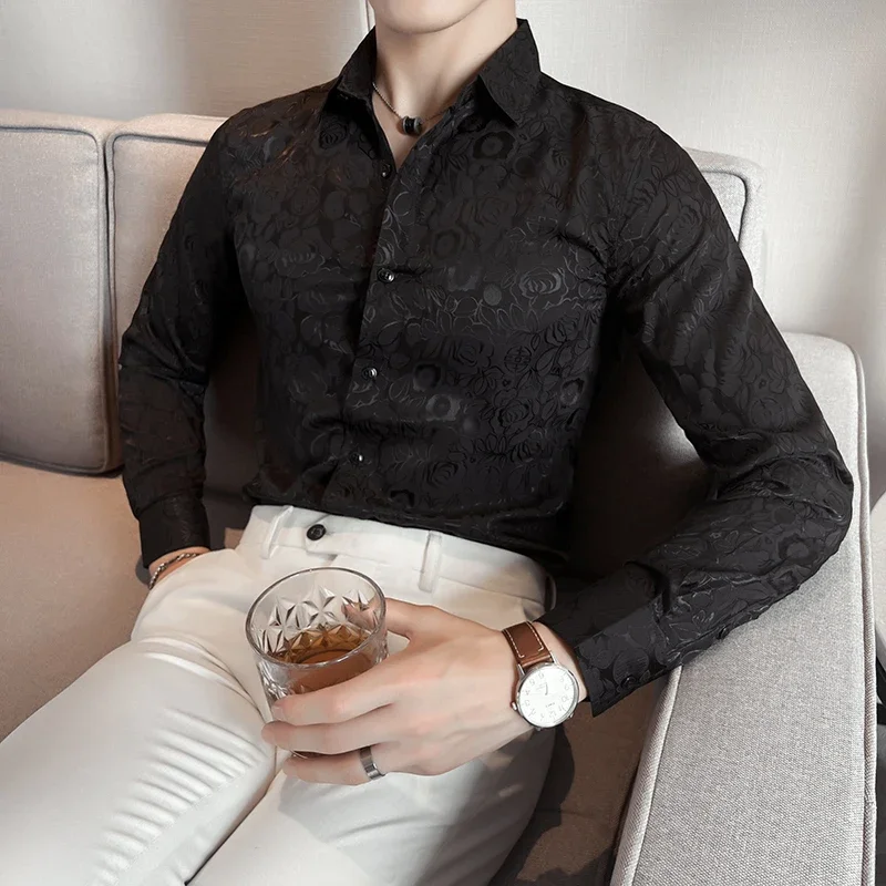 Fashion Long-Sleeved Floral Shirts for Men Autumn Turn-down Collar Korean Luxury Business Slim Fit Social Party Shirts Tuxedo