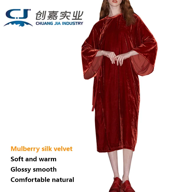 

Mulberry Silk Velvet Spring and Summer Female Chinese Style Cheongsam Delicate Glossy Texture Robe Loose Red Dress Good Quality