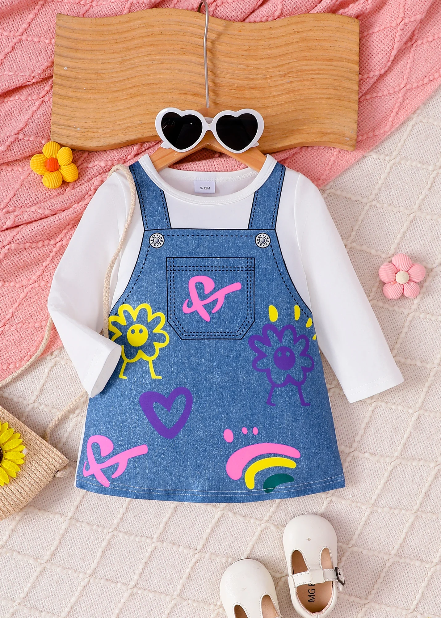 Spring Autumn Casual Dress for Baby Girls Fake Two-Piece Denim-inspired Romper with Flower Heart Rainbow Patterns Cute Overalls
