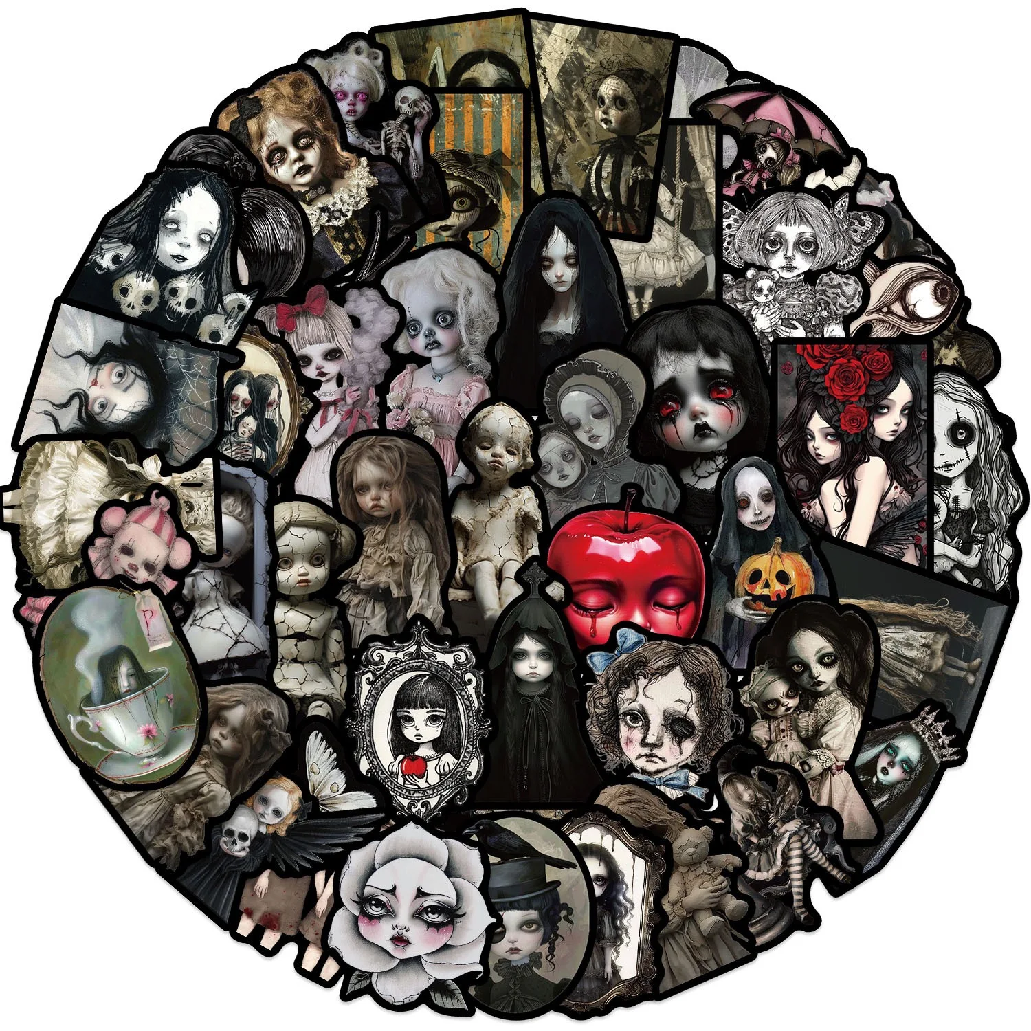 50Pcs Dark Gothic Creepy Girl Terror Doll Stickers Horror Cartoon DIY Scrapbooking Phone Luggage Skateboard Waterproof Decals