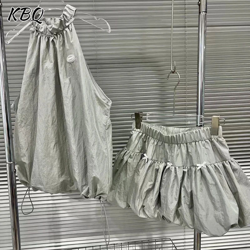 

KBQ Casual Loose Sport Skirts Sets For Women Round Neck Sleeveless Top High Waist Skirt Spliced Bowknot Designer Set Female New