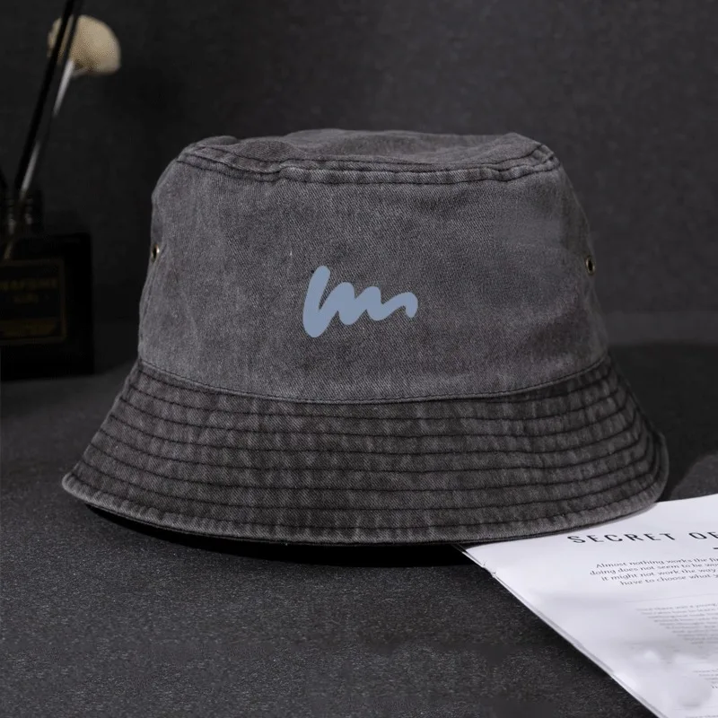 Vintage Washed Distressed Bucket Hat Ocean Wave Line Heat Transfer Logo Unisex Cotton Cap Fisherman Hat Streetwear Sun Hats